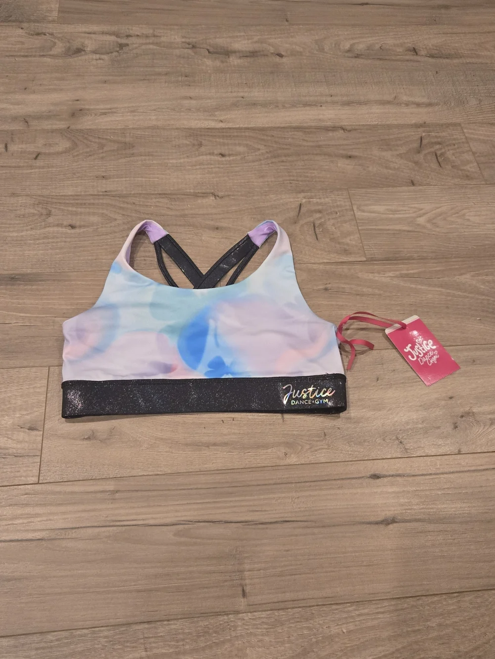Justice Pastel Tie-Dye Sports Bra with Black Glitter Band & Matching Shorts LG